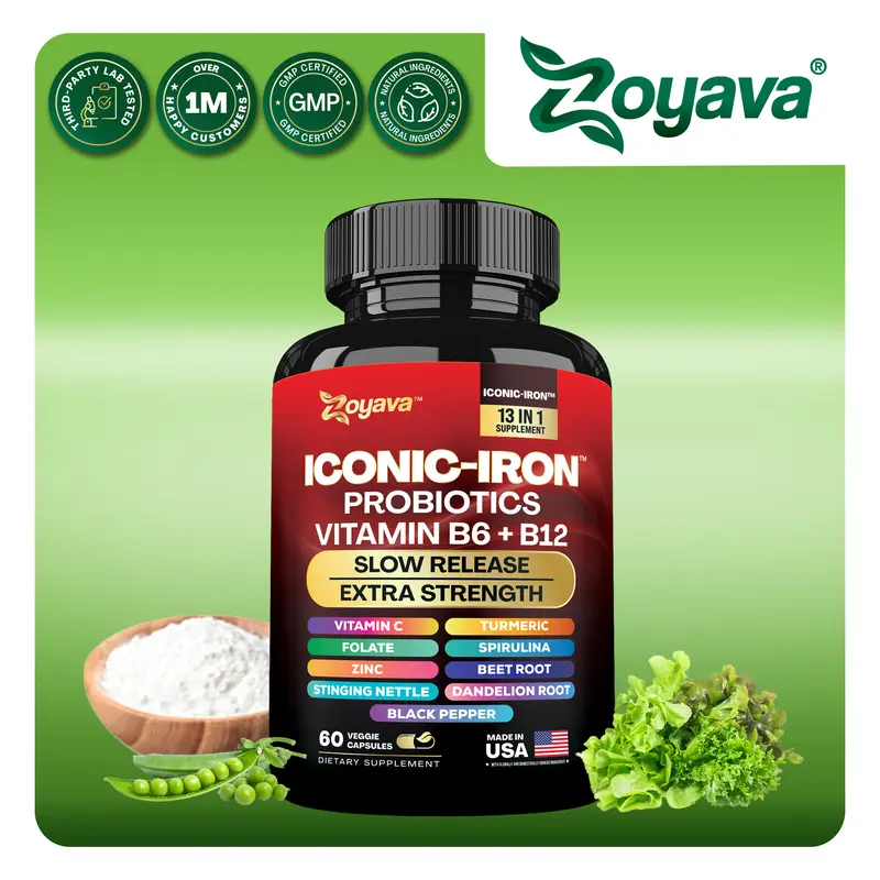 Zoyava Iron Supplement for Women - Multivitamins, Iron Deficiency, Probiotics, & Menstrual Cycle Support - 60 Capsules - Made in USA