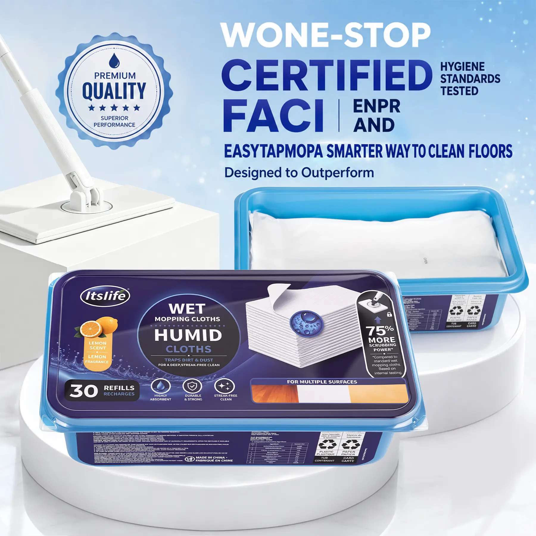 ItsLife Wet Mop - 30-pack replacement pads, certified to hygiene standards, EasyTapMopa makes mopping easy and offers a smarter way to clean your floors