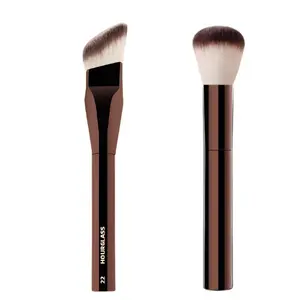 Hourglass Angled Foundation Brush + Flat Face Blusher Brush Set | Synthetic Hair Pro Makeup Tools for Cream & Powder