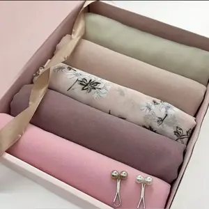 Women 5/Pcs Plain Bubble Chiffon Hijab Scarf Muslim Women Hijabs Solid Printed Shawls Islamic Turban With Pins Female Bandana Set