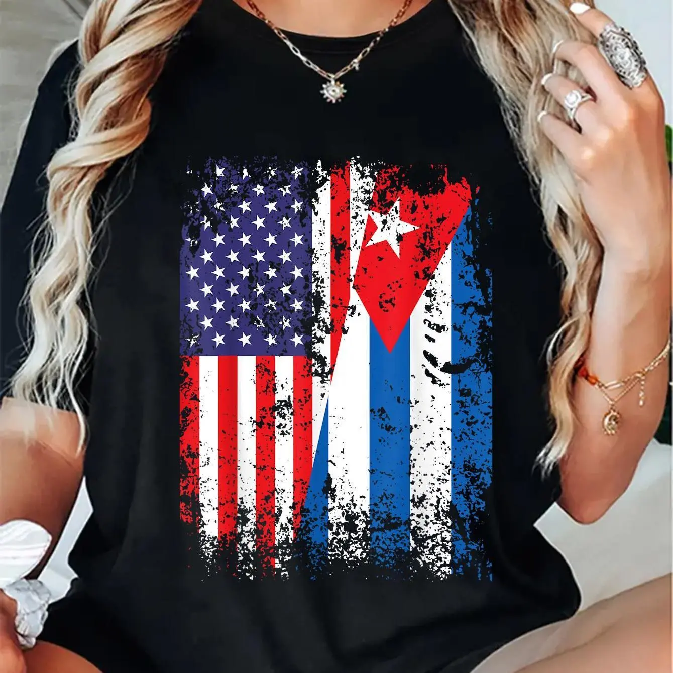 Unisex Cuban Flag Graphic T-Shirt in 100% Cotton, Casual Short Sleeve Apparel for Everyday Wear with an Oversized Fit Option, Shortsleeve, Printed, Fabric, Round Neck, Top