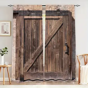 2Panels/Set Vintage Farmhouse Old Brown Wooden Barn Door Pattern 3D Design Window Curtains Light-Filtering Polyester Drapes With Rod Pocket For Living Room Bedroom Kitchen Laundry Bathroom Door Protecting Privacy Home Decor curtains