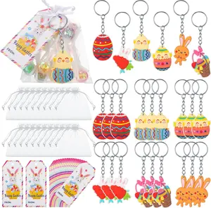 24 Pack Easter Party Favors for Kids – Bunny Easter Egg Keychain Set with Gift Tags & Organza Bags, Easter Basket Stuffers, Classroom Exchange Gifts, Easter Egg Hunt Prizes for Students