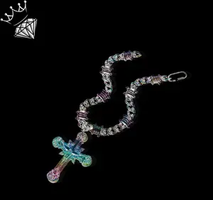 Ice Monarch Iridescent Rainbow & Clear Cross Acrylic Pendant Unisex High-grade Color-shift Design Silver Screw Clasp Futuristic Glow