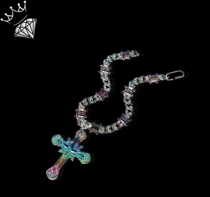 Ice Monarch Iridescent Rainbow & Clear Cross Acrylic Pendant Unisex High-grade Color-shift Design Silver Screw Clasp Futuristic Glow