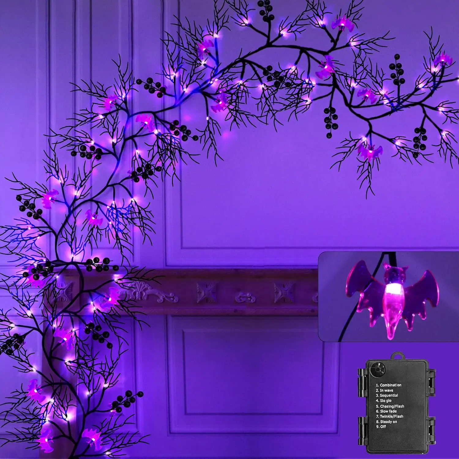 Extra Long 9Ft Halloween Garland with Lights Halloween Decorations | 72 LED Halloween Twig Garland with Purple Bat Lights 8 Modes Timer Waterproof Battery Operated Halloween Decor Home Fireplace