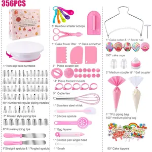 Nifogo Cake Decorating Supplies Kit 356pcs with Turntable Pastry Piping Bag Icing Tips for Beginners Stainless Steel Cupcake Stand Party