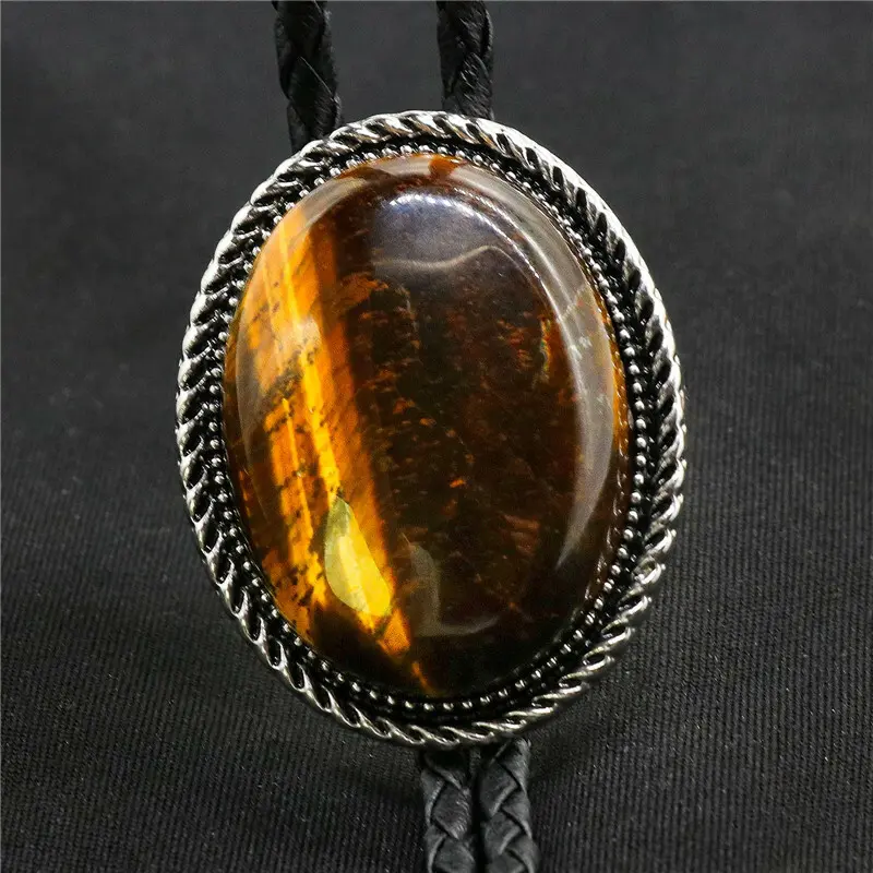Tigers Eye Stone Mens Bolo Tie Wedding Necklace PU Leather Rope Western Cowboy Handcrafted Groom Jewelry Natural Gemstone Necktie BoloTie Earthy Luxury
