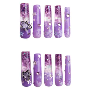 Purple Galaxy Water Bubble Press-On Nails - Water-Infused 3D Star & Planet, Glitter Gradient, Y2K Space Style Handmade Reusable Gel Acrylic Nails