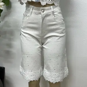 White Mid-Length Shorts with Lace Edges and Embellished Rhinestones for Women