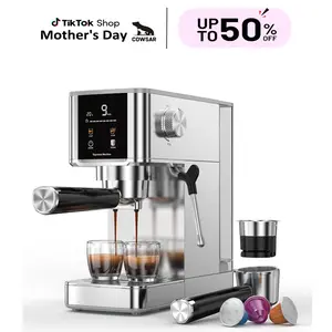 COWSAR 20 Bar High Pressure Stainless Steel Drip Coffee Maker with Touch Control Panel 1.2L Removable Transparent Water Tank for Residential Use