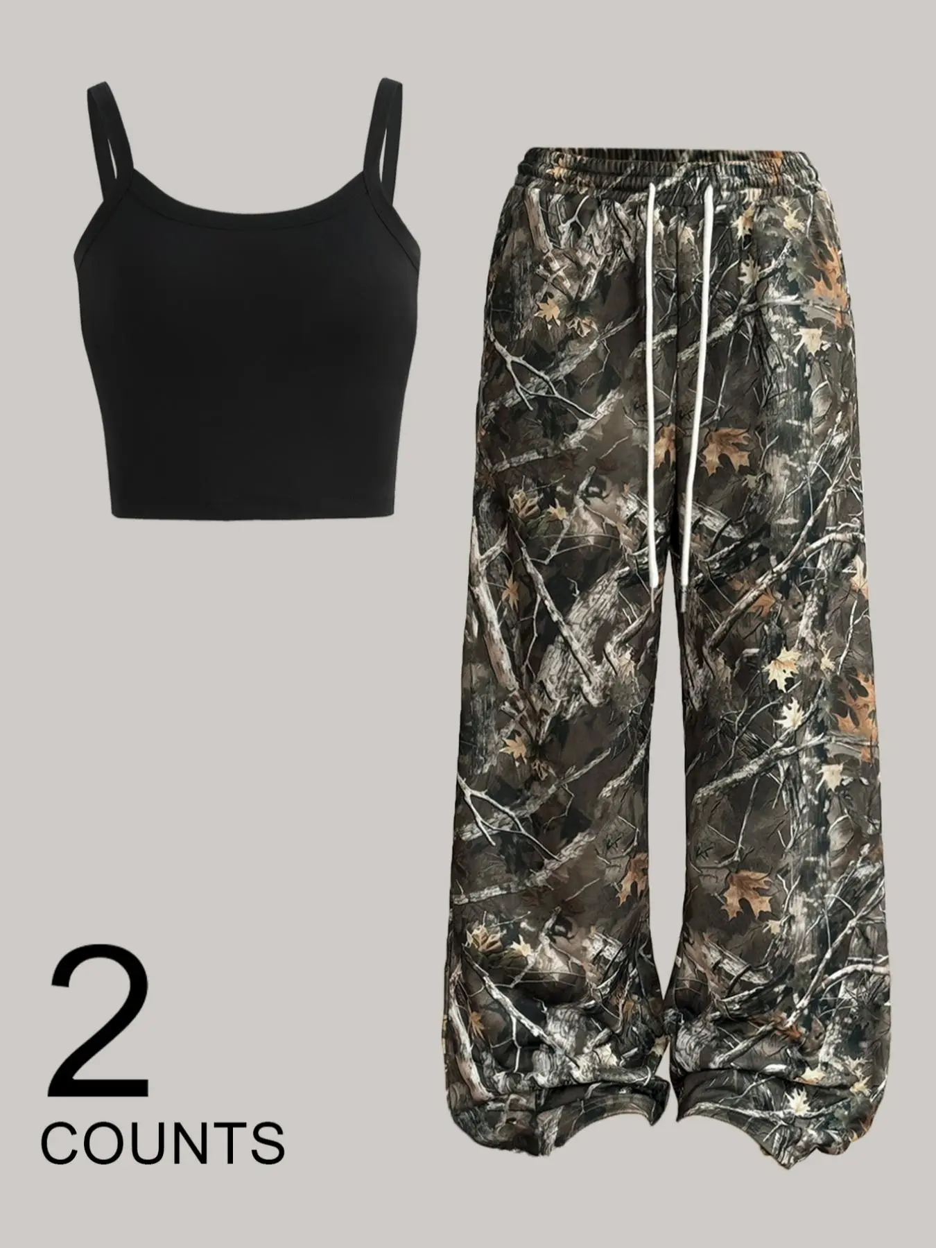 Two-Piece Set Women's Camo Print Crop Tank Top & Wide Leg Pants Set, Casual Sleeveless Top & Trousers for Daily Wear, Ladies Summer Clothes, Pajama, Loungewear, Casual Loungewear Outfits