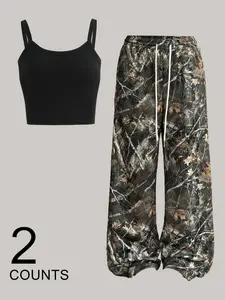 Two-Piece Set Women's Camo Print Crop Tank Top & Wide Leg Pants Set, Casual Sleeveless Top & Trousers for Daily Wear, Ladies Summer Clothes, Womenswear, Pajama, Loungewear