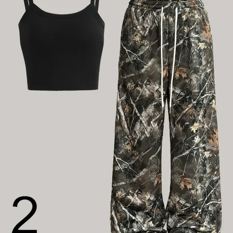 Two-Piece Set Women's Camo Print Crop Tank Top & Wide Leg Pants Set, Casual Sleeveless Top & Trousers for Daily Wear, Ladies Summer Clothes, Pajama, Loungewear, Casual Loungewear Outfits