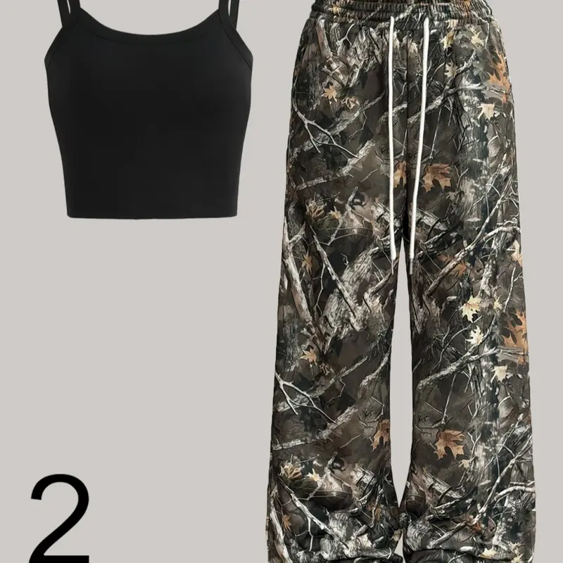 Two-Piece Set Women's Camo Print Crop Tank Top & Wide Leg Pants Set, Casual Sleeveless Top & Trousers for Daily Wear, Ladies Summer Clothes, Pajama, Loungewear, Casual Loungewear Outfits