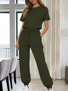 Women's Fashion Army Casual Two-Piece Set, Short Sleeve Top + Jogger Pants, Slimming Commuter, Lightweight Style