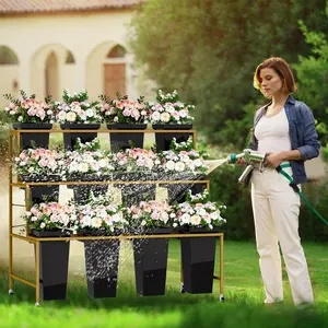 4 Layers Flower Display Stand With 16 PCS Buckets, Square Flower Bucket, Metal Plant Stand with 4 Wheels, Heavy Duty Moving Flower Cart Shelf, for Patio Garden, Balcony, Florists, Cafés(Black Gold) (Black and Gold)