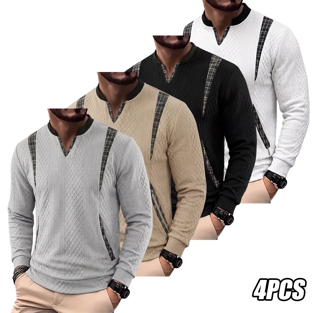 JOGWAVE 4PCS Men’s Jacquard Plaid Knit Long Sleeve T-Shirt | Fall/Winter Base Layer Casual Top — Gift for Him