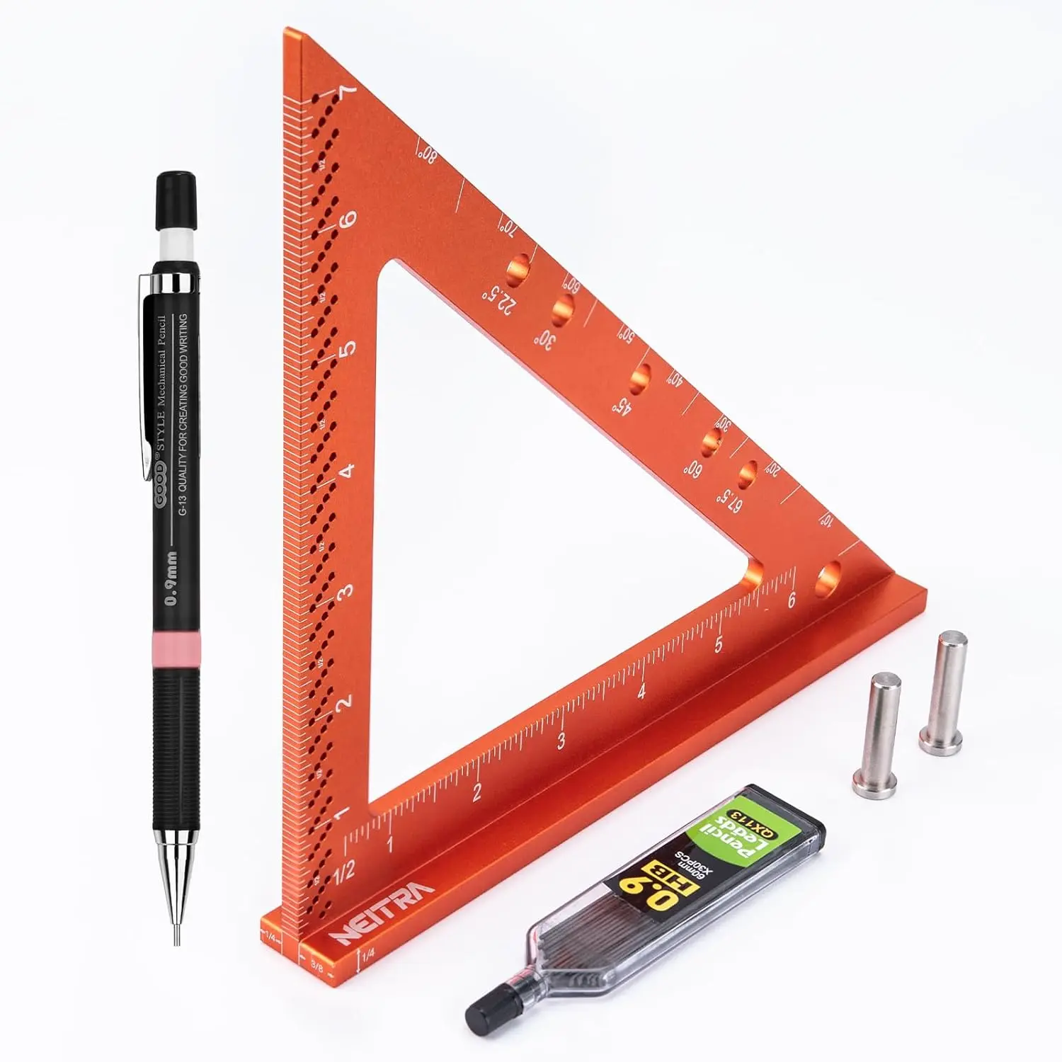 YoungSa 7-Inch Orange Aluminum Alloy Square Ruler with Fixed Angle Pin, Laser Etched Accurate Mark, Compact for Woodworkers’ Carpenter Woodworking Furniture Projects