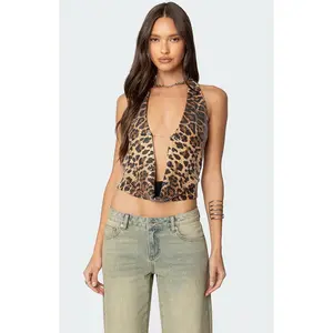 Edikted Women's Sequin Leopard Printed Cowl Neck Top