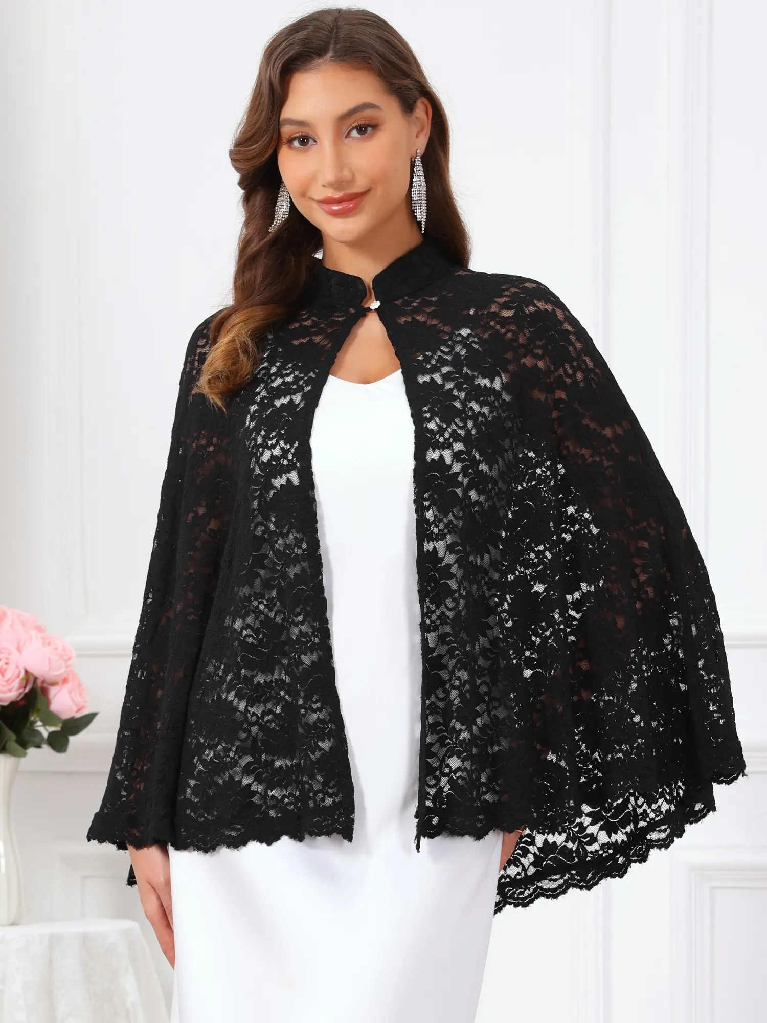 INSPIRE CHIC Women's Lace Cape for Wedding Cocktail Coverup Stand Collar Long Cloak Shrugs