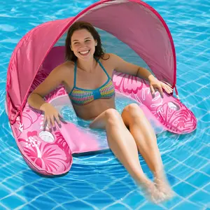 Inflatable Fabric Covered Pool Float Adult with UPF50+ Sunshade Canopy & Cup Holders,Large Water Lounger Float Recliner Chair for Pool Party Lake Beach-Blue