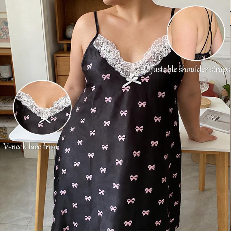 3PCS Women's Lace V-Neck Heart Printed Pajama Dresses Large Size loungewear Cherry Heart Print Pajama Set women  Plus Size Heart Detail Nightgown Women's Breathable Sleep Set woman lingerie lace chemisesexy lace home nightdress Lace Nightwear 1XL-4XL