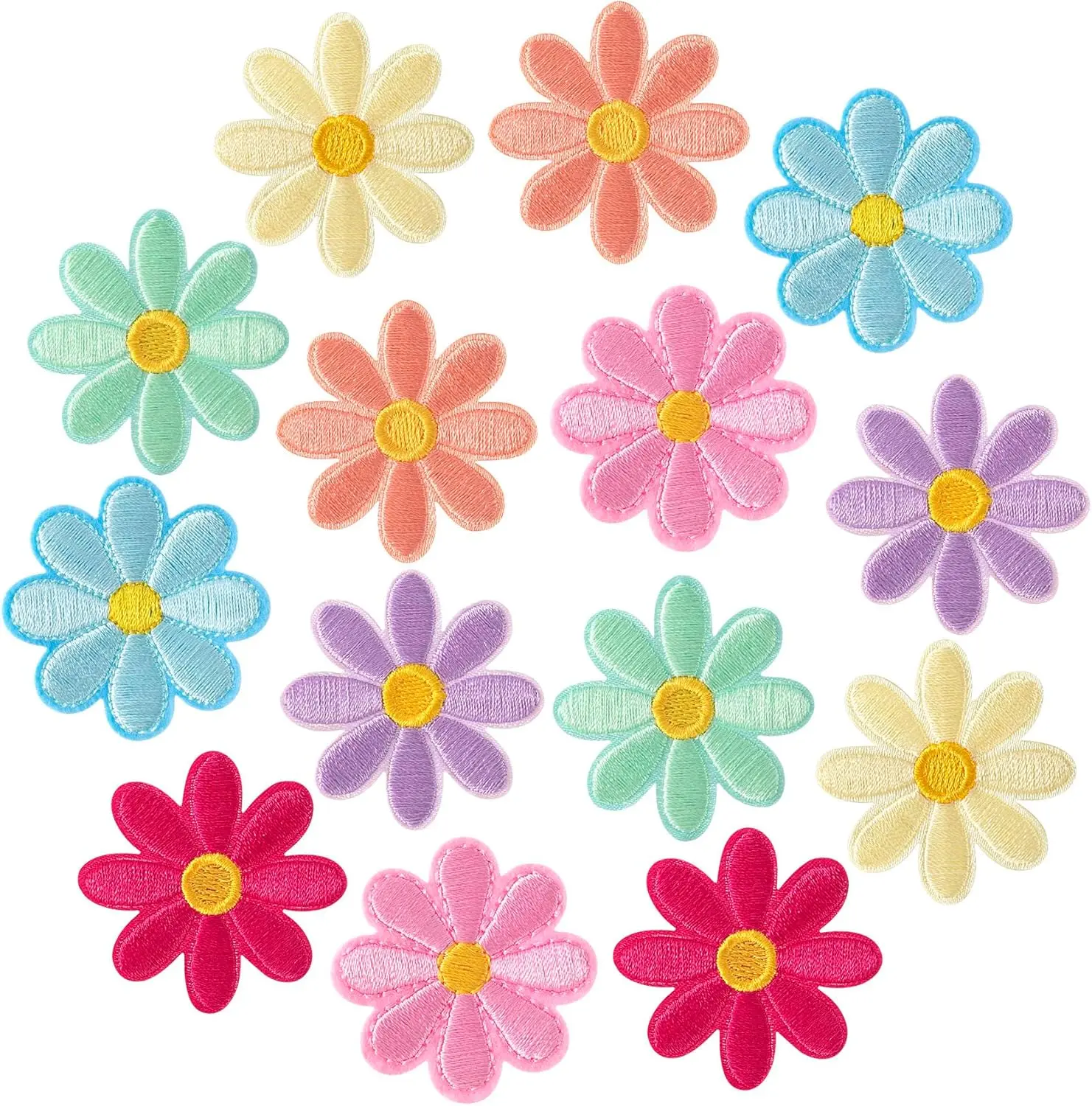 14-Piece Embroidered Floral Fabric Patch Set, Daisy Design Iron-On Easy Clothing Repair Patches, Heat-Sensitive Washable for Jackets, Tshirts, DIY Decor