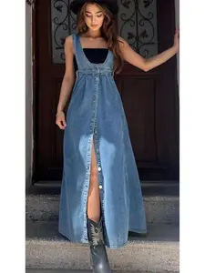 Women's Fashion Single-breasted Denim Overall Maxi Dress With Slit Hem, High Waist A-line Denim Slip Dress