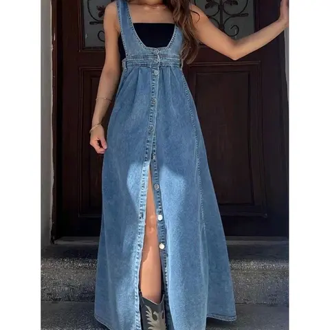 Women's Fashion Single-breasted Denim Overall Maxi Dress With Slit Hem, High Waist A-line Denim Slip Dress