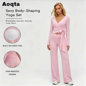 Women's V Neck Wrap Tie Crop Top High Waisted Wide Leg Yoga Pants Set Sexy Slim Fit Casual Workout Lounge Two Piece Outfit Fabric