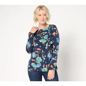 Susan Graver Foil Printed Liquid Knit Long Sleeve Top w/ Tie Detail