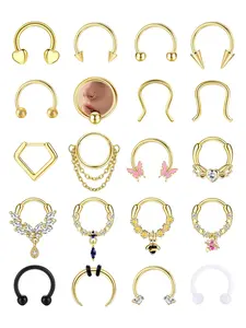 Charming 20 Pcs Multi-Type Golden Body Jewelry for Women Men Premium Surgical Steel Soft Copper Lightweight Acrylic Unisex Septum Piercing Set Classic Styles Versatile Horseshoe Rings Delicate Dangle Piercing Details Different Aesthetic Daily Preferences