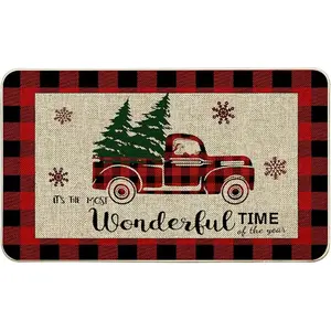 Christmas Doormats, Welcome Door Mats for Front Door, Winter Christmas Santa Claus Truck Farmhouse Plaid Outdoor Mats for Indoor or Outdoor Decorations,Merry Christmas Decor for Home