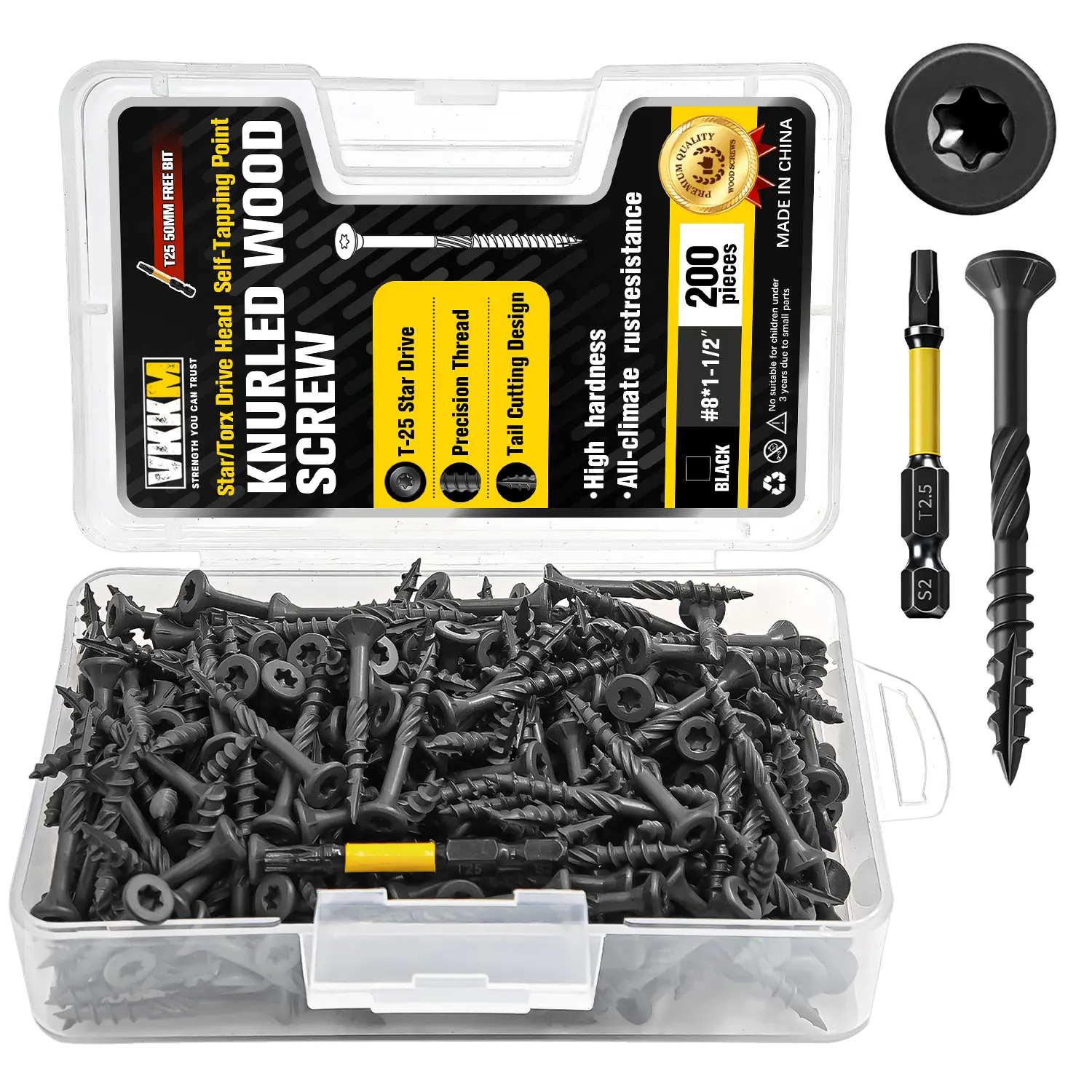 VKKM 200 Pieces #8 x 1-1/2 Inches Black T25 Torx Star Drive Self-Tapping Wood Screws - Anti-Rust Coated Screw-In Fasteners with Free Drive Bit for Deck Construction, Year-Round Use Carpentry DIY Projects