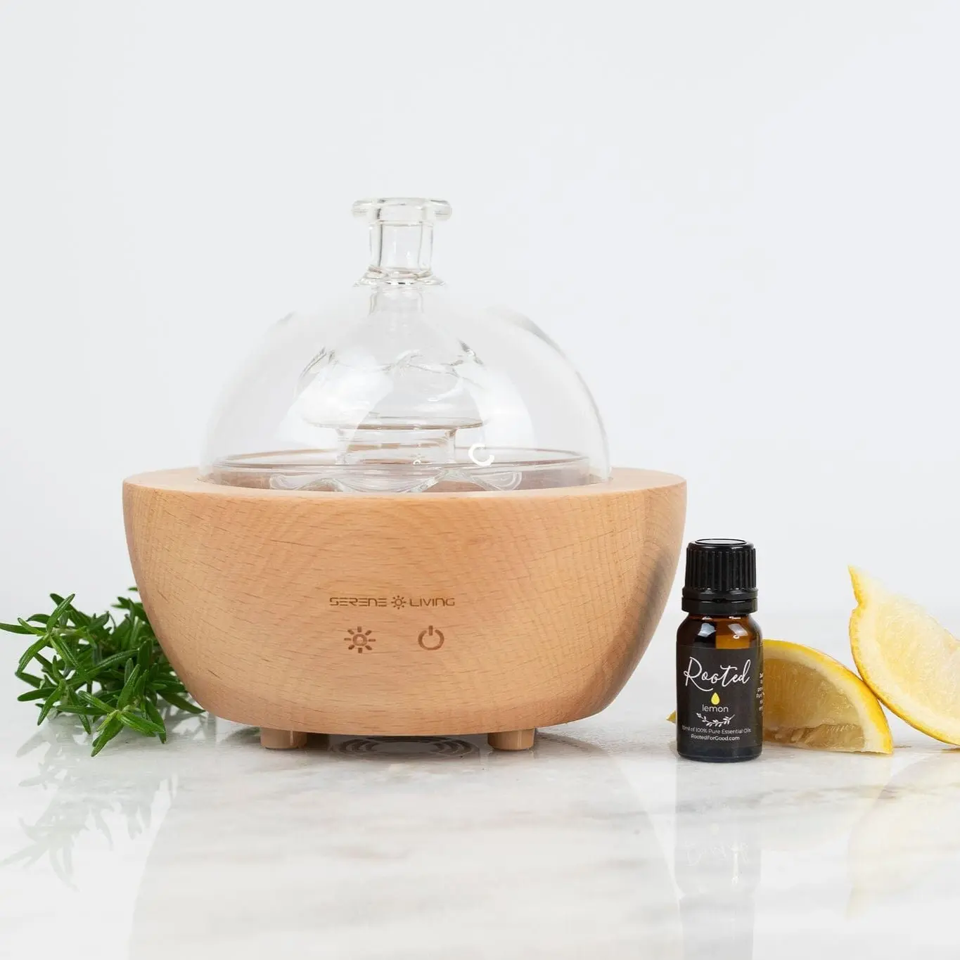 Hand Blown Wood-Glass Rounded Shape Fountain Aroma Diffuser - Calming Scented Oil Diffusers for Home Users, Calm Living, Continuous Misting, Lemon Fragrance-Compatible Freshener