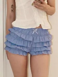 Women's Gingham Ruffled Fitted Cute Shorts, Multi-Layer Ruffle Bow Detail Y2K Coquette Style, Soft Casual Loungewear & Streetwear Shorts