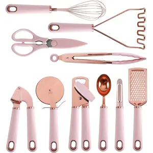 Kitchen Gadget Set Copper Plated Stainless Steel Utensils with Soft Touch Handles, Copper Pink, 10 Pieces