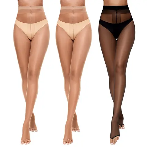MANZI Women's Open Toe Ultra Sheer 10D Pantyhose, 3 Pairs Toeless Tights with Control Top