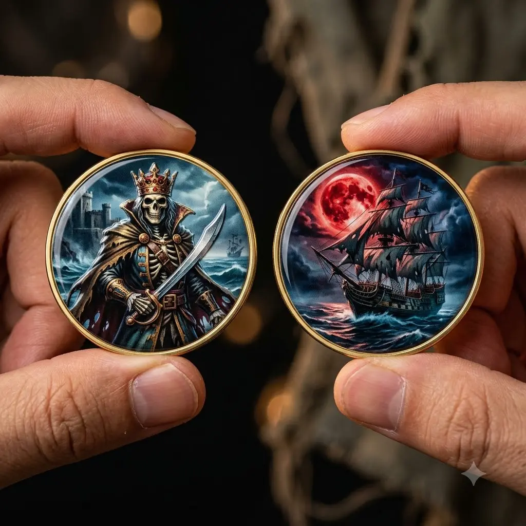 Pirate King Enamel Challenge Coin Ornaments - Ghost Ship Blood Moon Token, Skeleton Captain Keepsake, Nautical Gothic Gift for Pirate Fan Dads