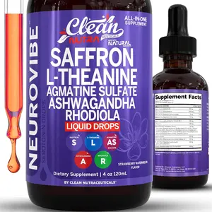 Clean Nutra Saffron Supplement Drops + L-Theanine Ashwagandha Rhodiola Agmatine Sulfate for Calm Mood & Focus Support - NeuroVibe Liquid