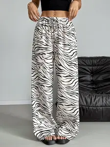 Women's Zebra Stripe Print Wide Leg Pants, Casual Comfy Drawstring Waist Trousers for Daily Wear, Ladies Bottoms for Summer