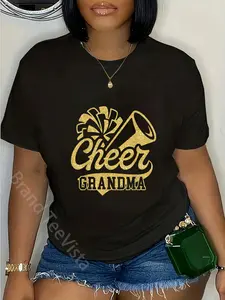 100% Cotton Unisex Cheer Grandma Biggest Fan Black Yellow Gold Pom Pom T-Shirt Graphic Casual Round Neck Tee