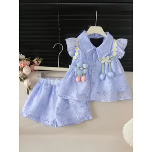 Random Print 2pcs Embroidered Floral Short Sleeve Top and Shorts Set for Girls, Casual Fashion Spring/Summer New Thin Style, Perfect for Outdoor
