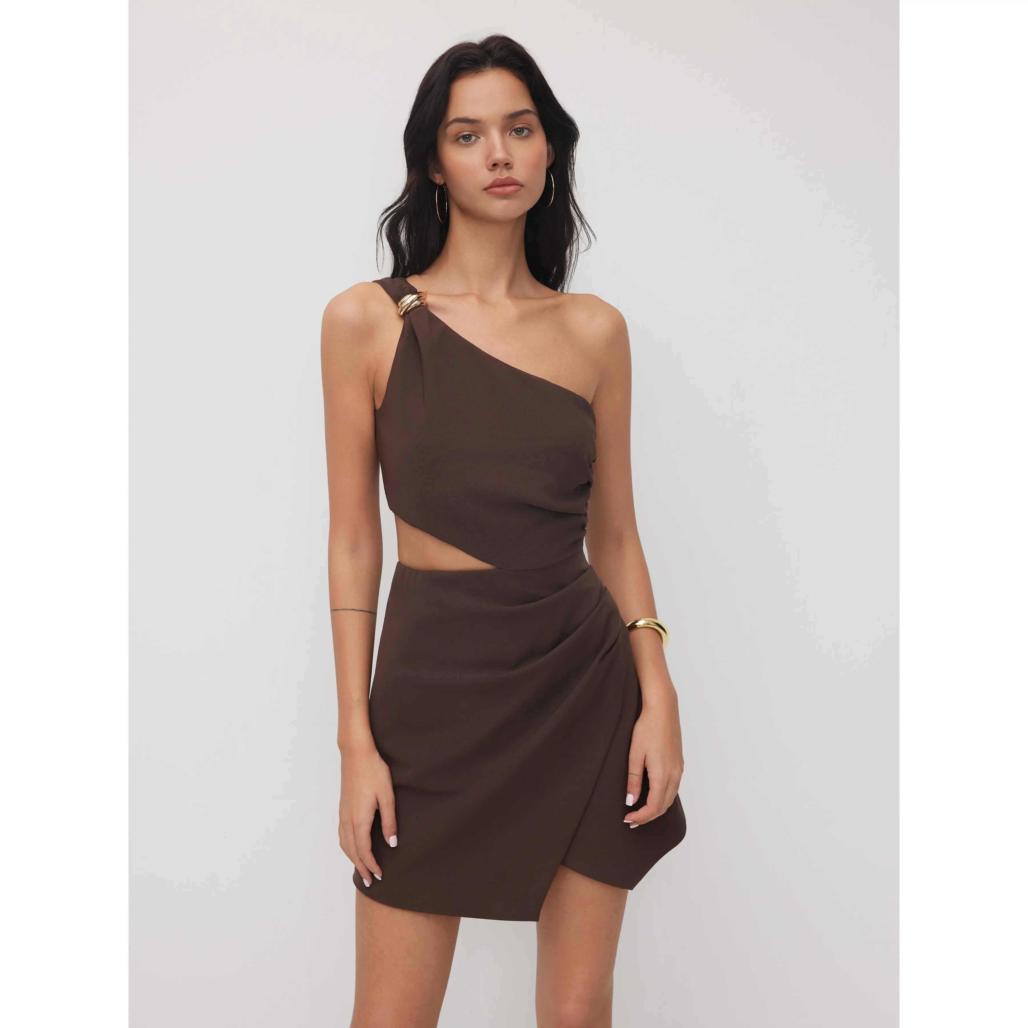 cider asymmetrical dress Gliget Ruffle Trim A Line Maxi Dress CIDER Asymmetrical Neck Solid Ruched  Maxi Dress
