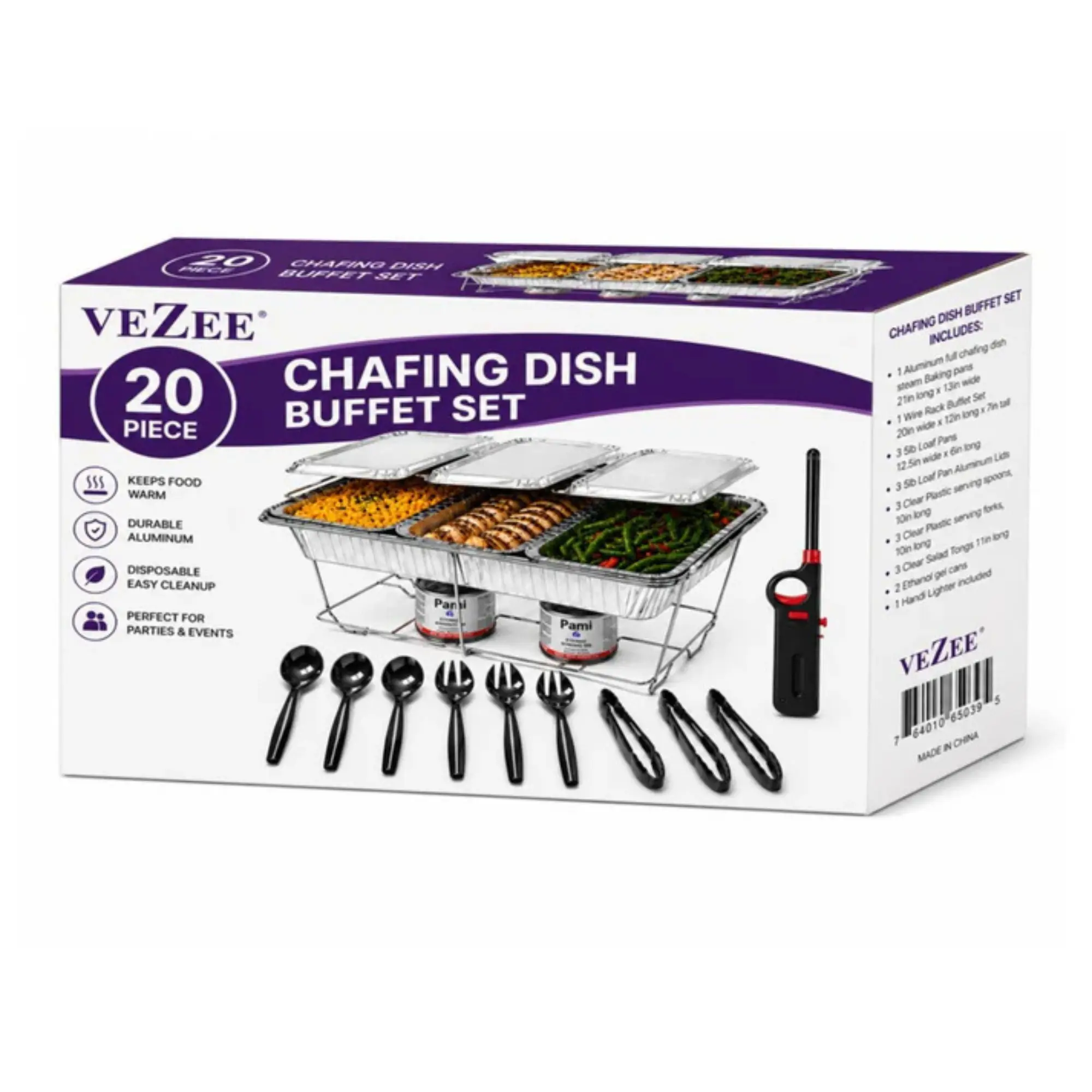 VeZee 20-Piece Chafing Dish Buffet Set with 3 Full Size Pans, Serving Utensils & Fuel Holders, Stainless Steel Catering Food Warmers for Parties, Weddings & Events