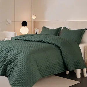 DOWNCOOL Quilted Blanket Set - 3-Piece Lightweight Soft Blanket & Pillow Shams for All-Season -Premium Microfiber