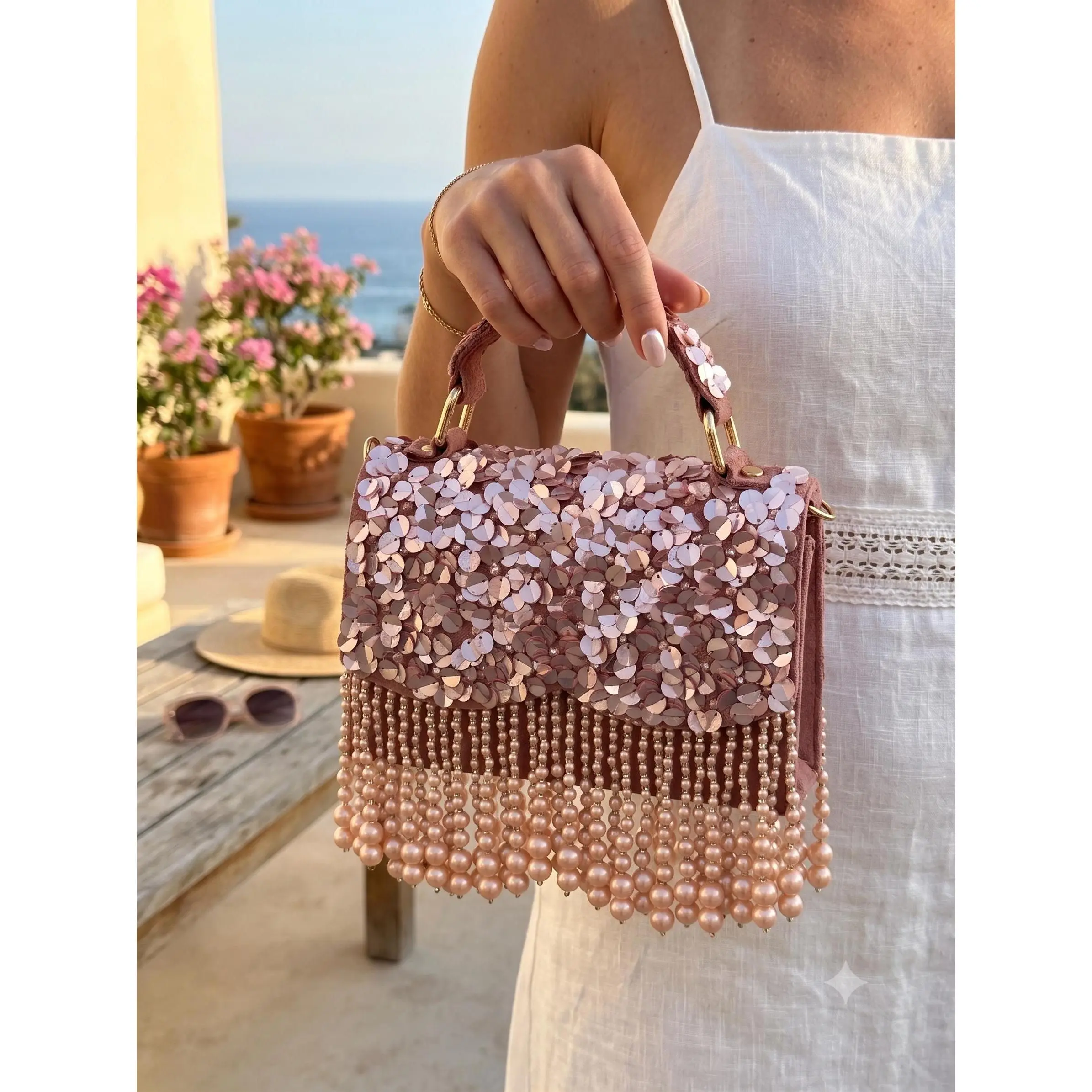 Bridal Pearl Evening Bag, Blush Mauve, Sequin, Fringe, Handmade Purse, Wedding Reception Handbag, Beaded Party Bag, Formal, Gift for her