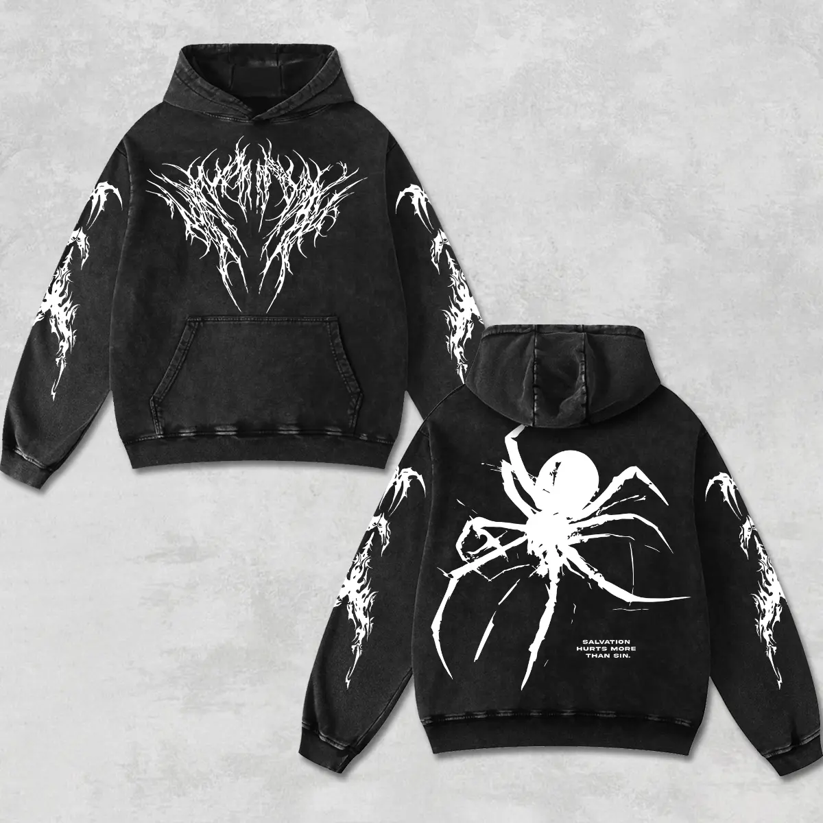 Retro Salvation Hurts More Than Sin Graphic Hoodie Black Acid Washed, Cyber Sigilism Tribal Tattoo Enthusiast, Gothic Metal Streetwear Sweatshirt, Heavyweight Cyberpunk Biker Pullover, Men’s Grunge Y2K Salvation Jacket Style Oversized Vintage Clothes