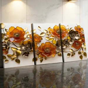 3 Counts Wooden Framed Canvas Painting, Golden And Orange Floral Art Images, Exquisite Poster, Perfect Gift, Decor For Living Room, Bedthroom, Modern Art, Fashion Family Poster, Wall Art Decoration